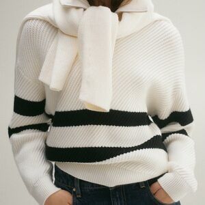 Mango Black and Cream Striped Turtleneck Sweater